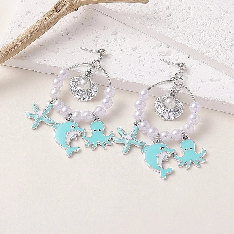 1 Pair Casual Vacation Beach Starfish Dolphin Octopus Beaded Enamel Inlay Synthetic Resin Alloy Artificial Pearls Drop Earrings
