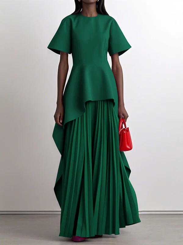 Split-Joint Solid Color Pleated Short Sleeves Loose Round-Neck Maxi Dresses