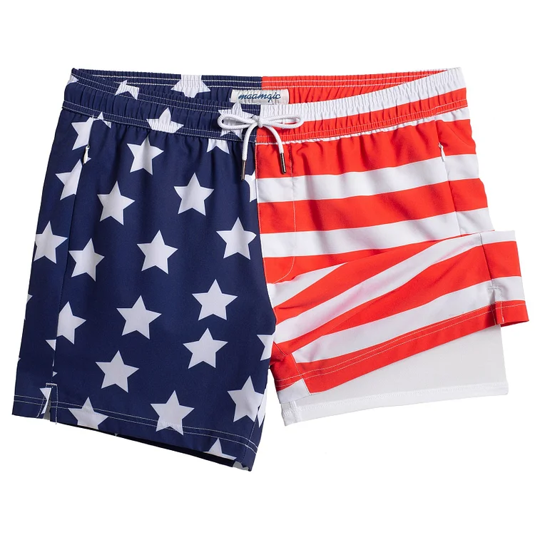 5.5 Inseam 2 in 1 Stretch Short Liner American Flag Swim Shorts