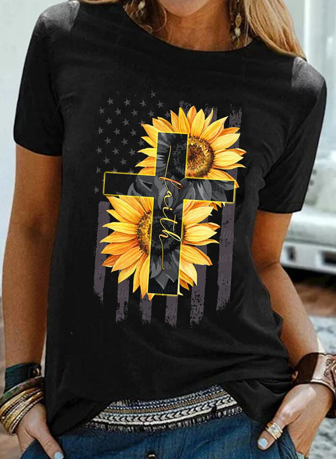 Buzzdaisy Women's T-shirts Sunflower Cross T-shirt