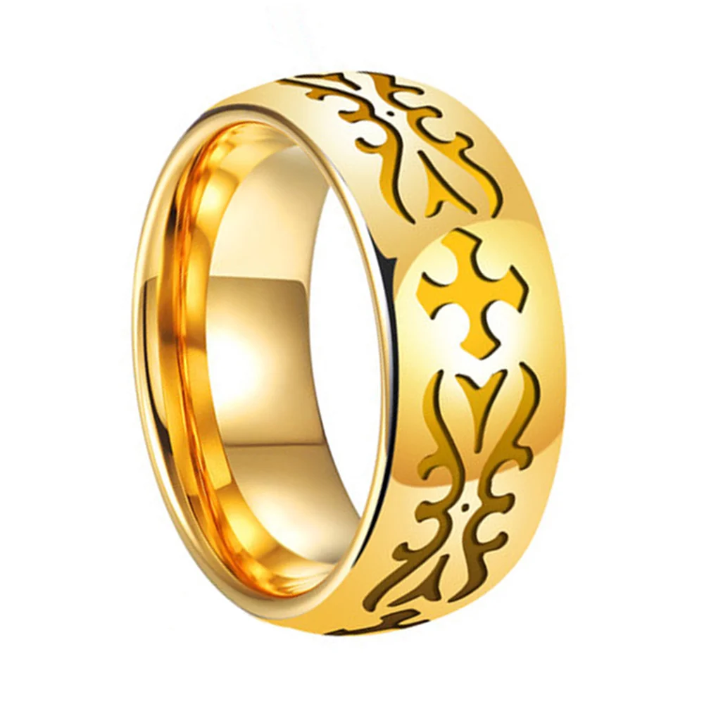 6MM 8MM Gold Tungsten Cross Flower Carving Top Wedding Bands