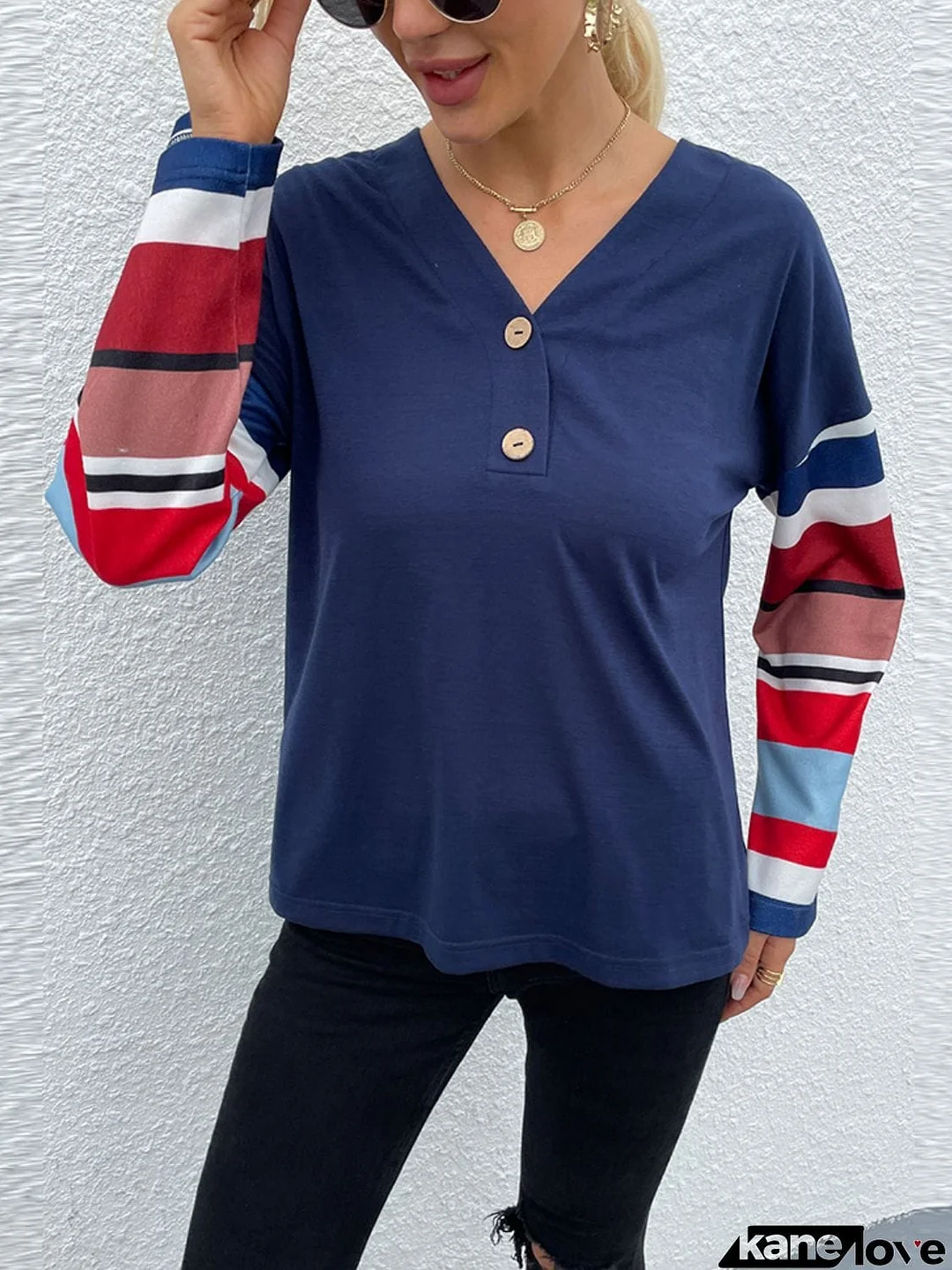 Dropped Shoulder V-Neck Buttoned Front Tee
