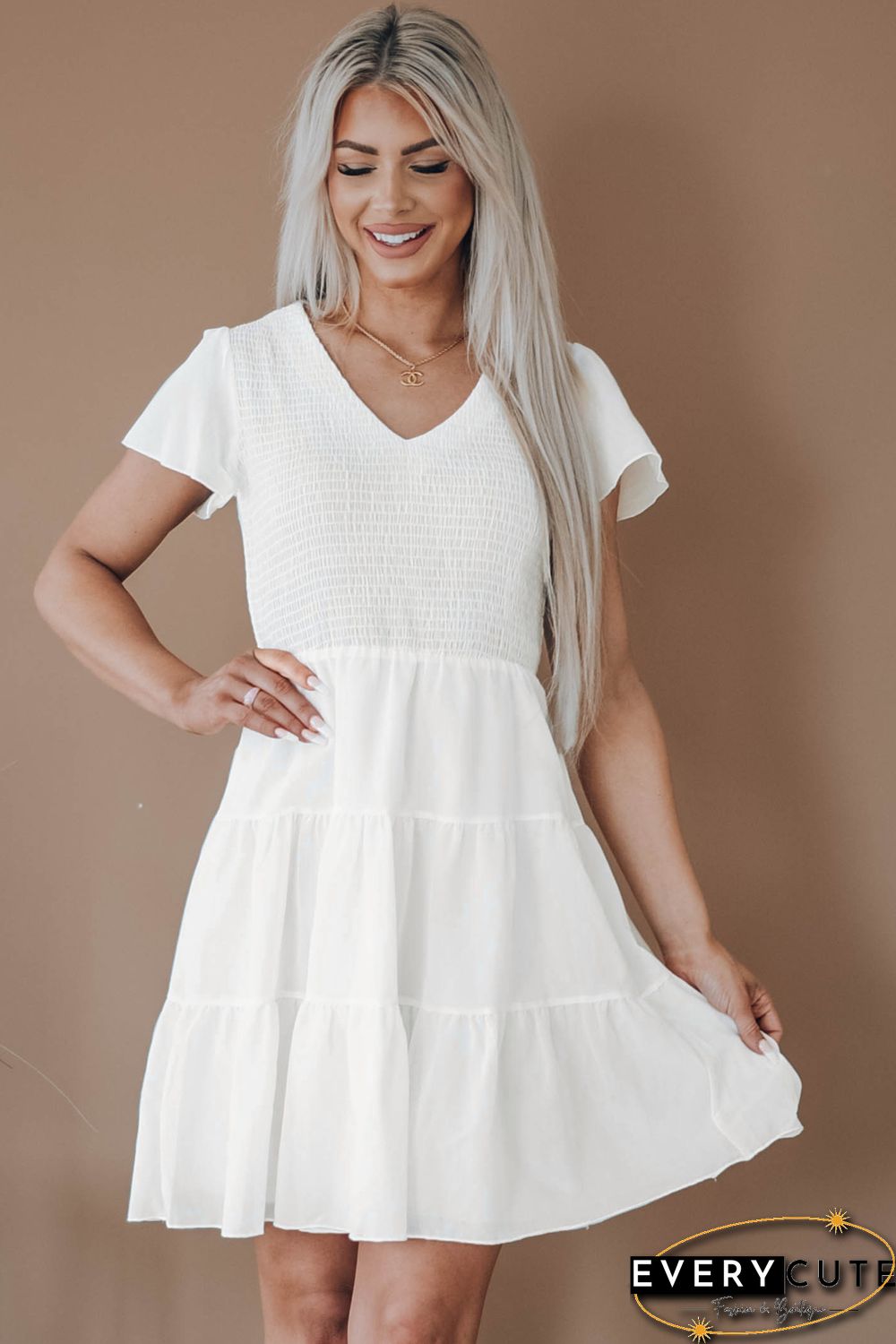 White Solid Smocked Short Sleeve V Neck Mini Dress