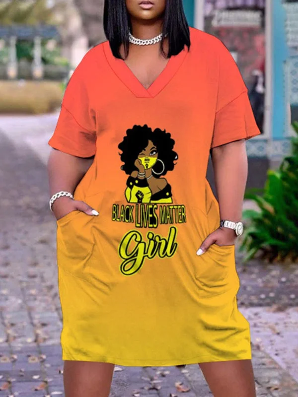 Digital Print V-Neck Casual Pocket Dress