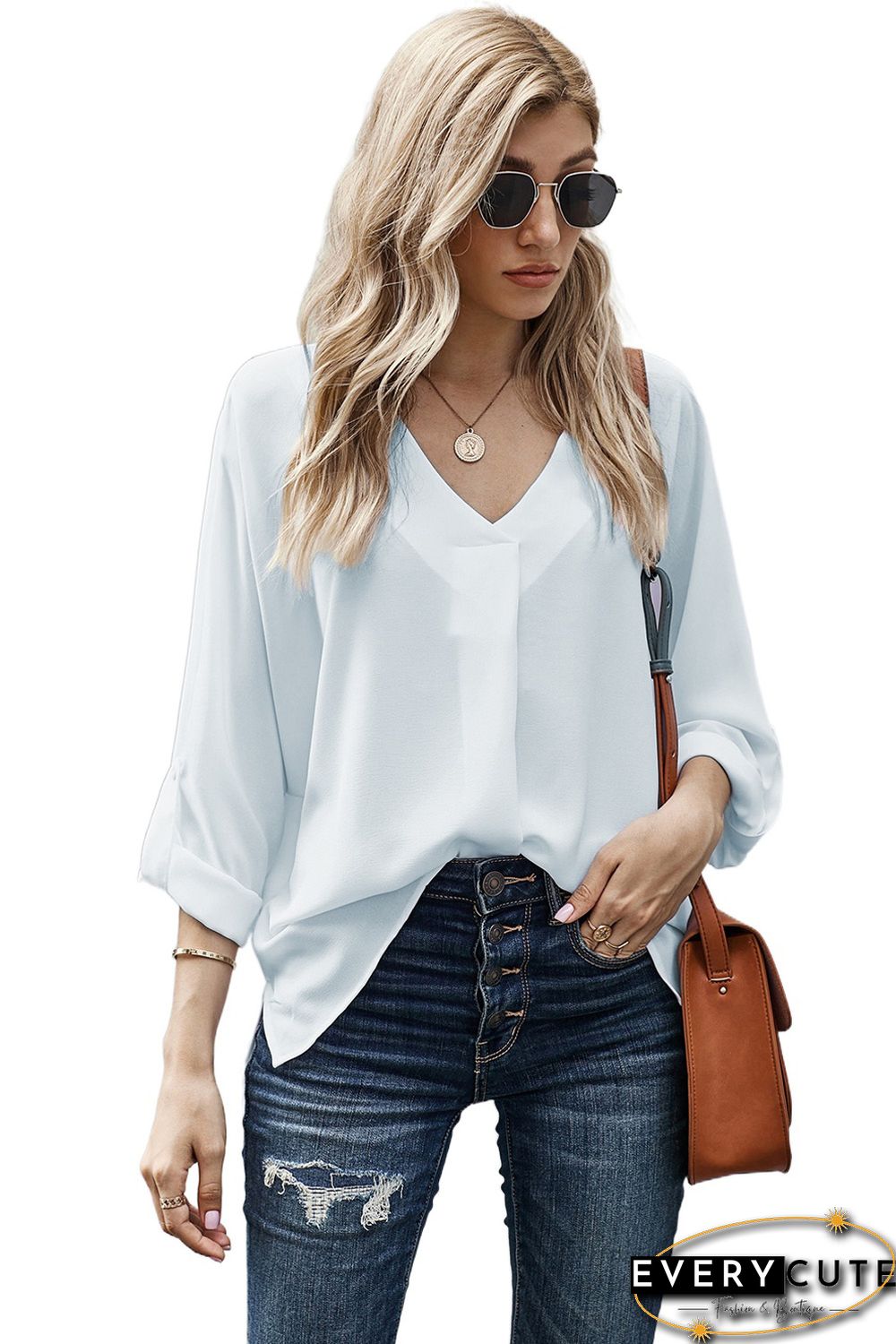 White V Neck 3/4 Sleeve High Low Hem Shirt