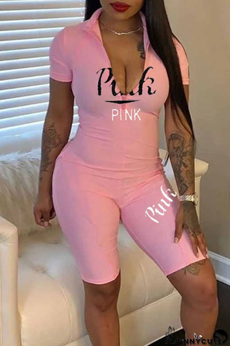 Pink Sexy Print Patchwork V Neck Regular Jumpsuits