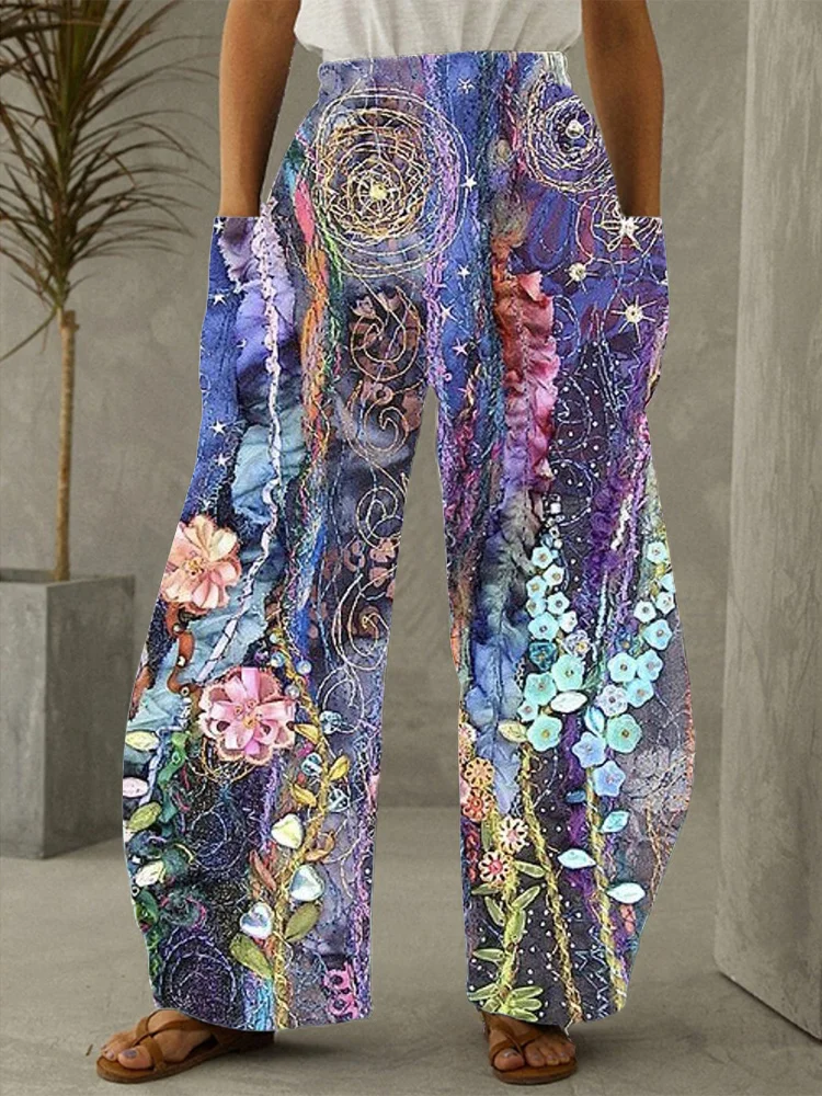 Oil PPrint Patch Pocket Wide Leg Pants socialshop