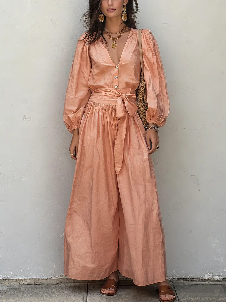 Elegant Blush Tie-Waist Linen Blend Two-Piece Set