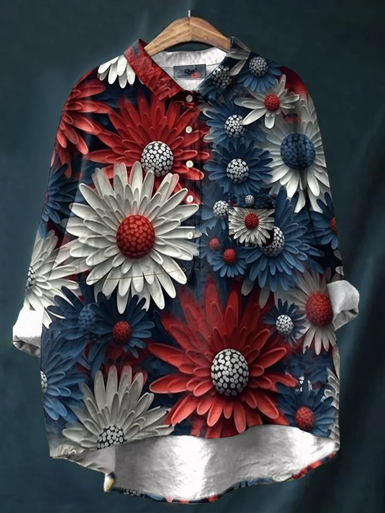 Comstylish Vintage  Independence Day Floral  Print Casual Linen Blend Pocket Shirt