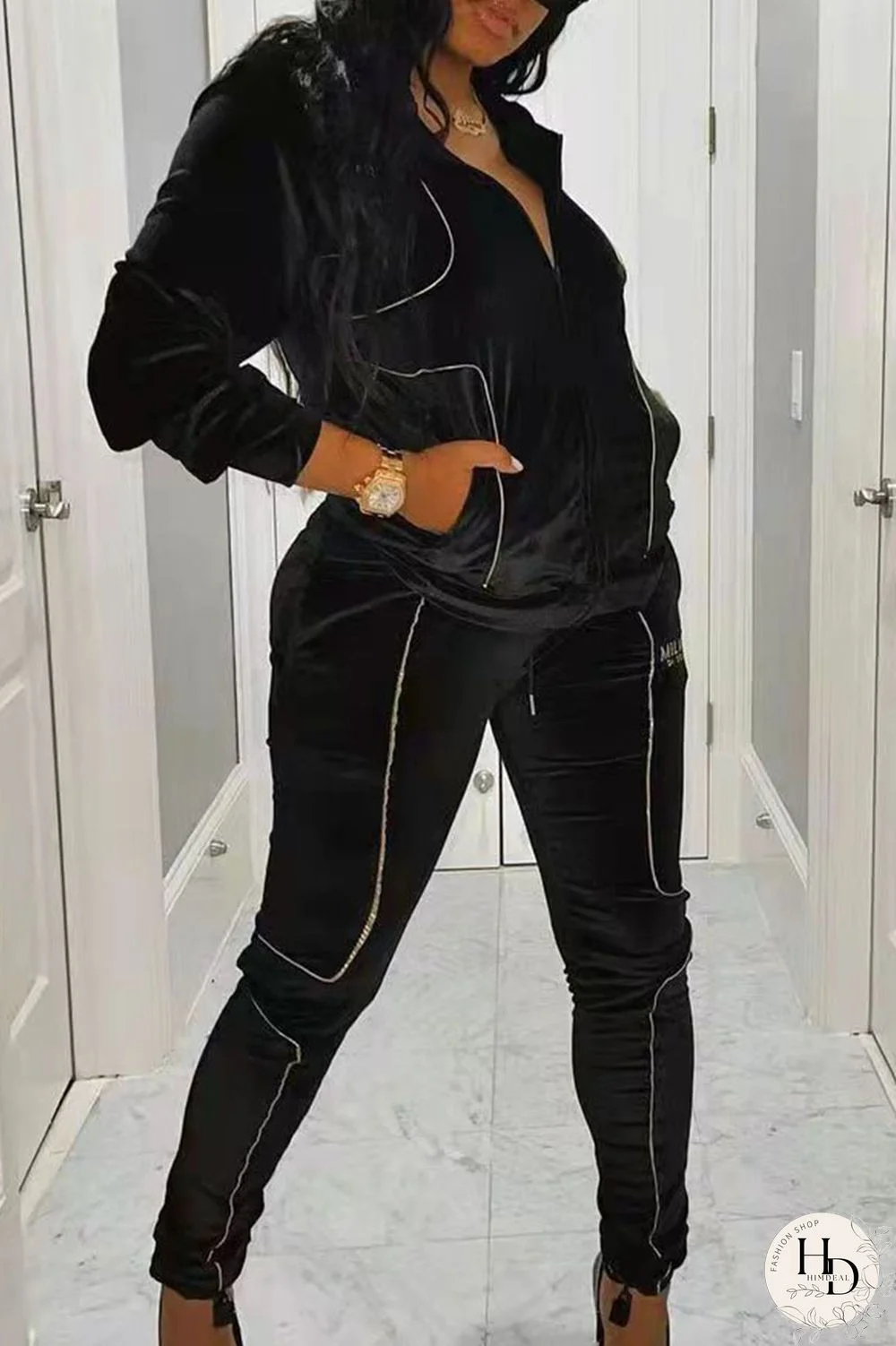 Black Casual Split Joint Zipper Long Sleeve Two Pieces