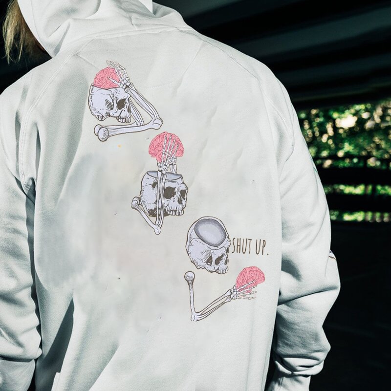Funny Skulls Shut Up Printed Men's White Hoodie - Krazyskull