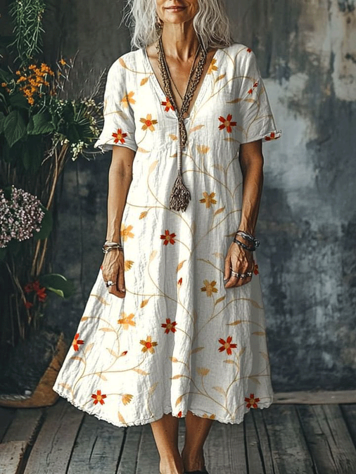 Women's  Flowers Art Print Pocket Cotton Dress