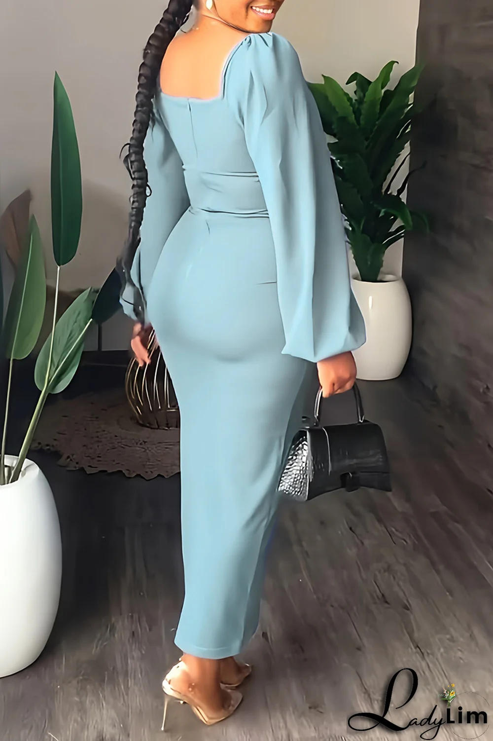 Sky Blue Fashion Solid High Opening Square Collar Pencil Skirt Dresses