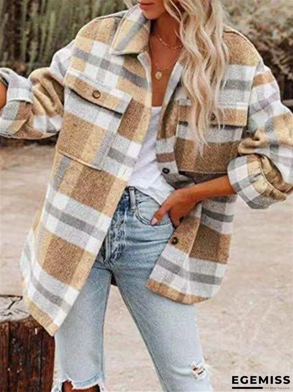 Long Sleeve Lapel Loose Plaid Wool Coat | EGEMISS
