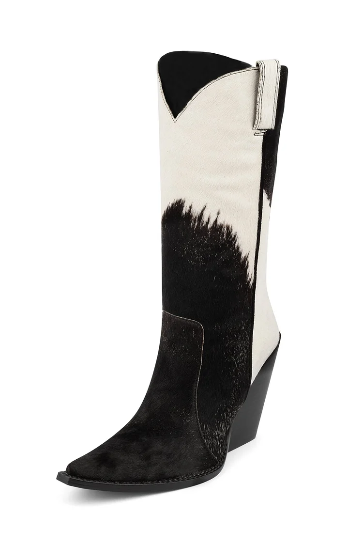 Black & White Faux Fur Mid-Calf Cowgirl Boots with Chunky Heels |FSJ Shoes