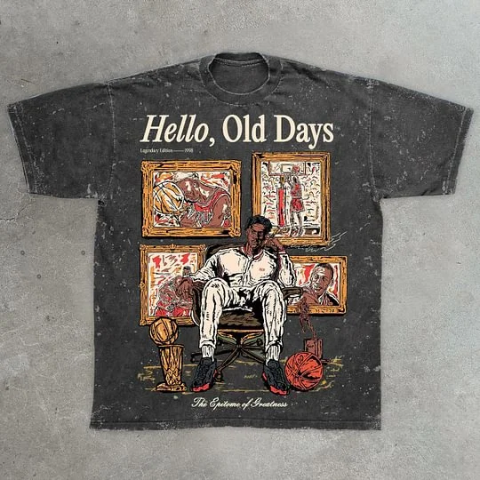 Retro Fashion Old Times Graphic Acid Washed Short Sleeve T-Shirt