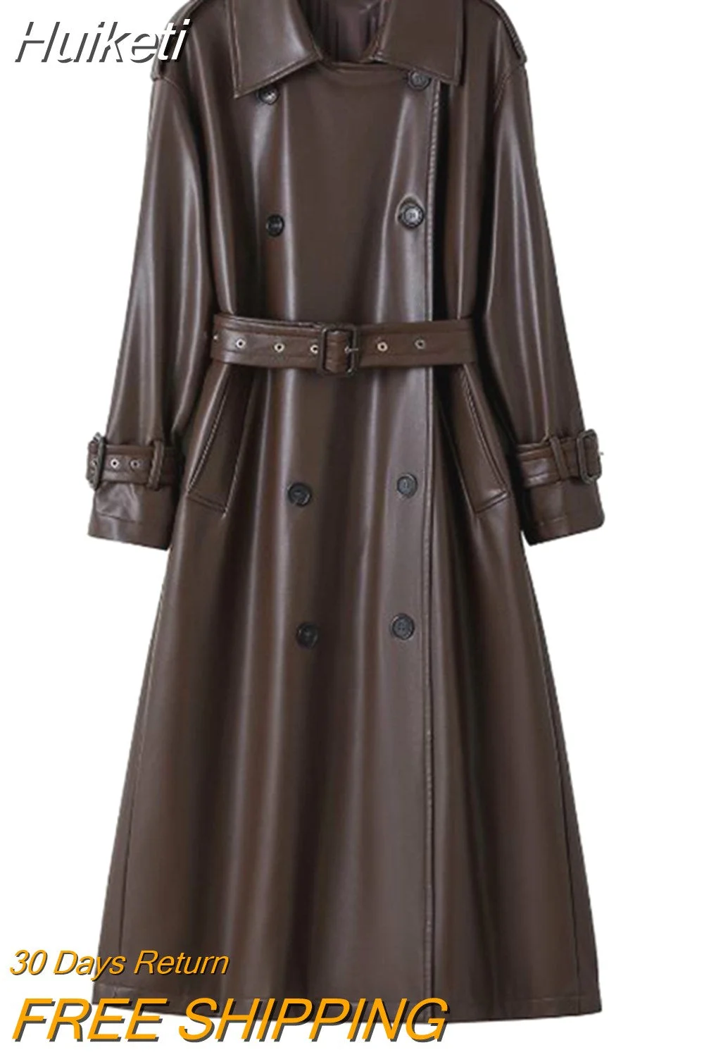 Huiketi Spring Autumn Long Loose Brown Pu Leather Trench Coat for Women Belt Double Breasted American and European Fashion 2023