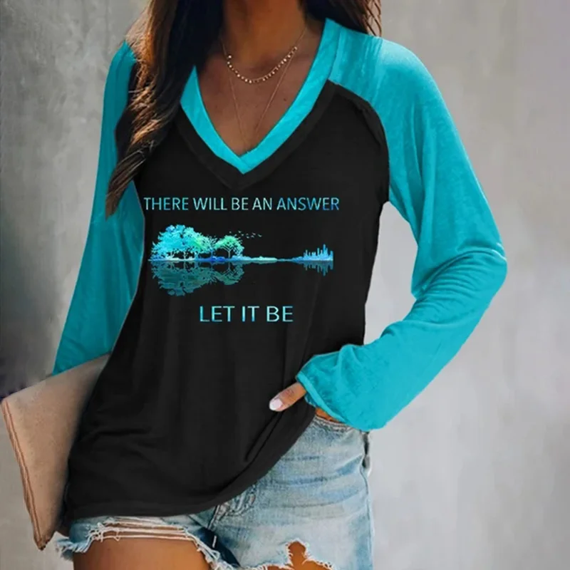 Whisper Words Of Wisdom Let It Be Print V Neck Long Sleeve T-Shirt