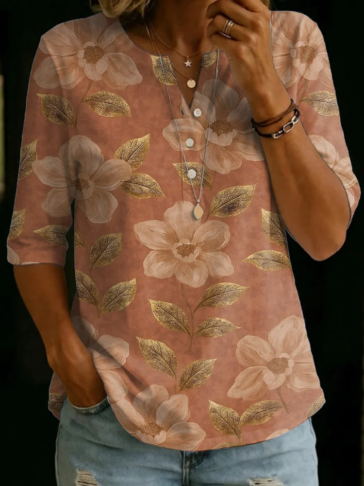 Retro Floral Decorative Pattern Polo Collar Shirt