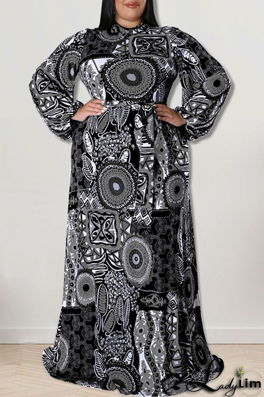 Black Fashion Casual Print Patchwork O Neck Straight Plus Size Dresses