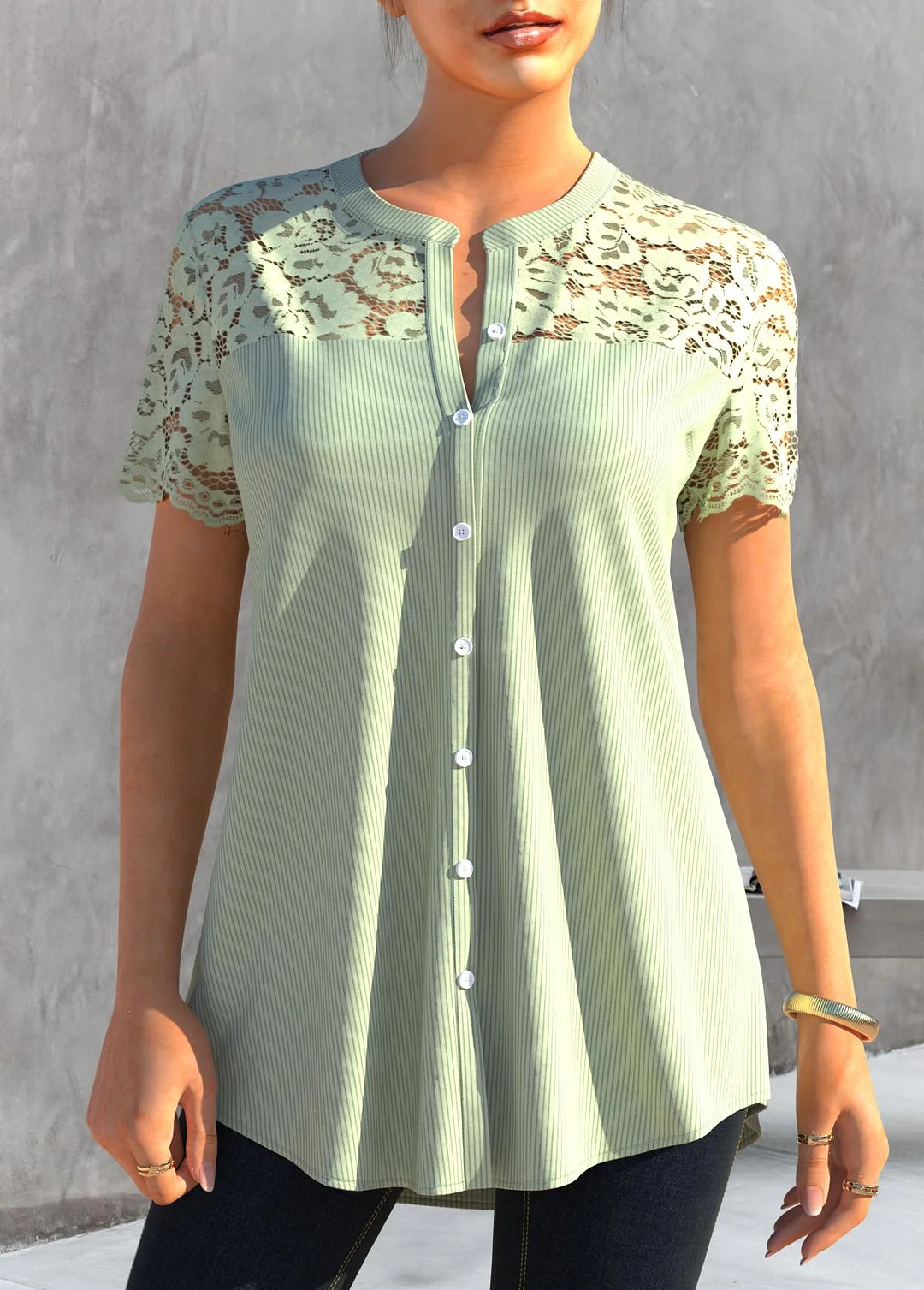 Light Green Lace Patchwork Short Sleeve Blouse