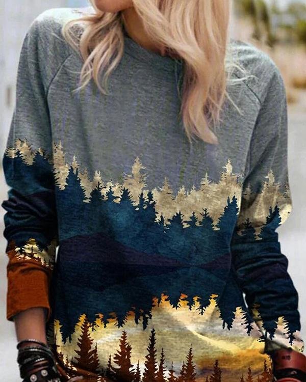 Landscape Print Casual O-neck Long Sleeve Cashmere T-Shirt