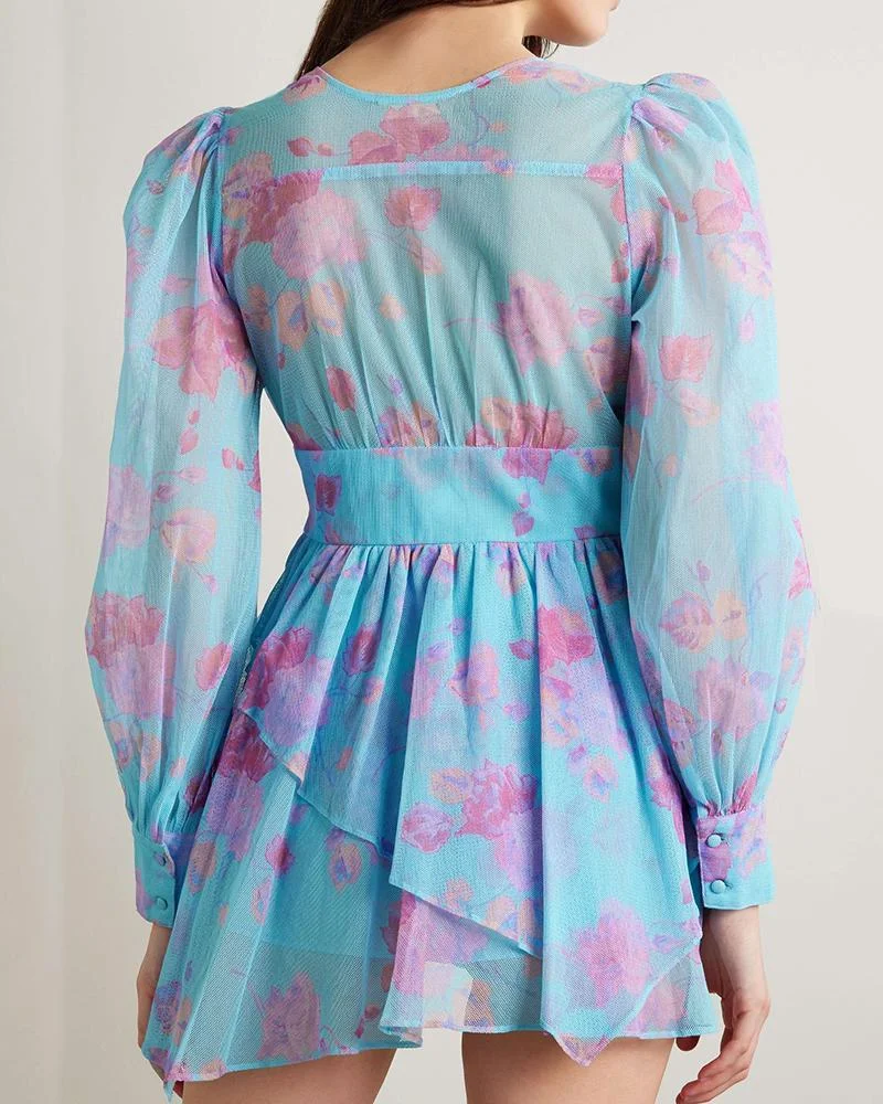 Ruffled floral-print tulle mini dress