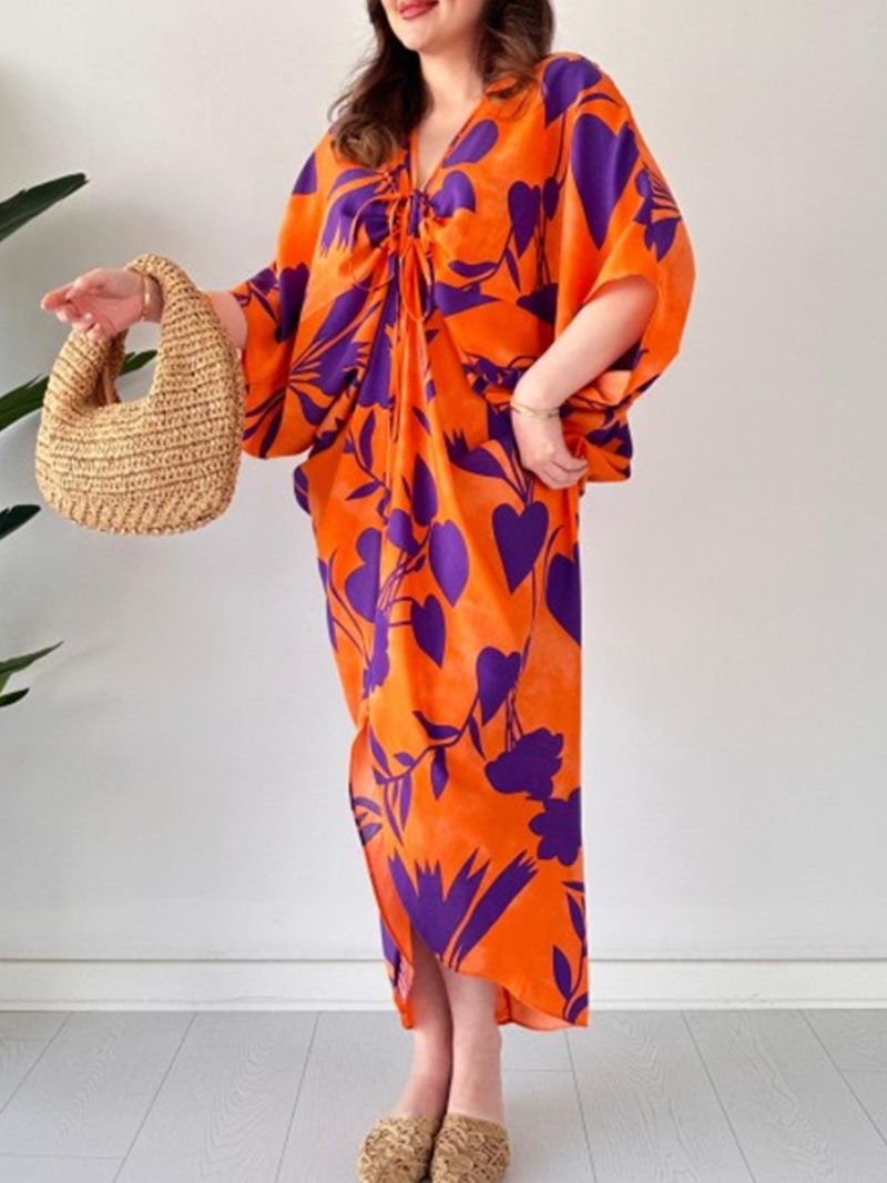 Fashion Printed Loose Bat Sleeves V-neck Drawstring Dress | Oxredo Shop Ramadan Sale