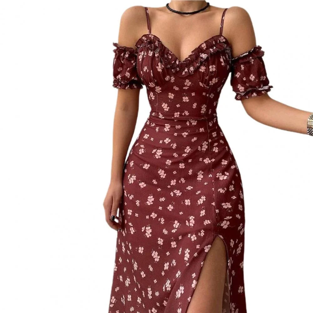 Floarl Maxi Dress  Spaghetti Straps Puff Sleeves Split Hem Lace Collar Midi Dress A-Line Long Princess Dress robe vestido