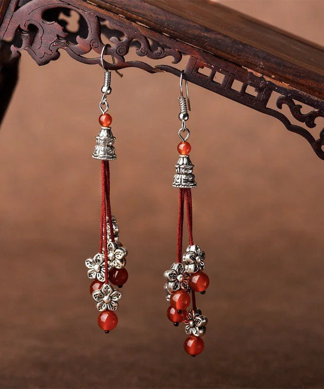 Vintage Red Agate Beads Silver Flower Drop Earrings
