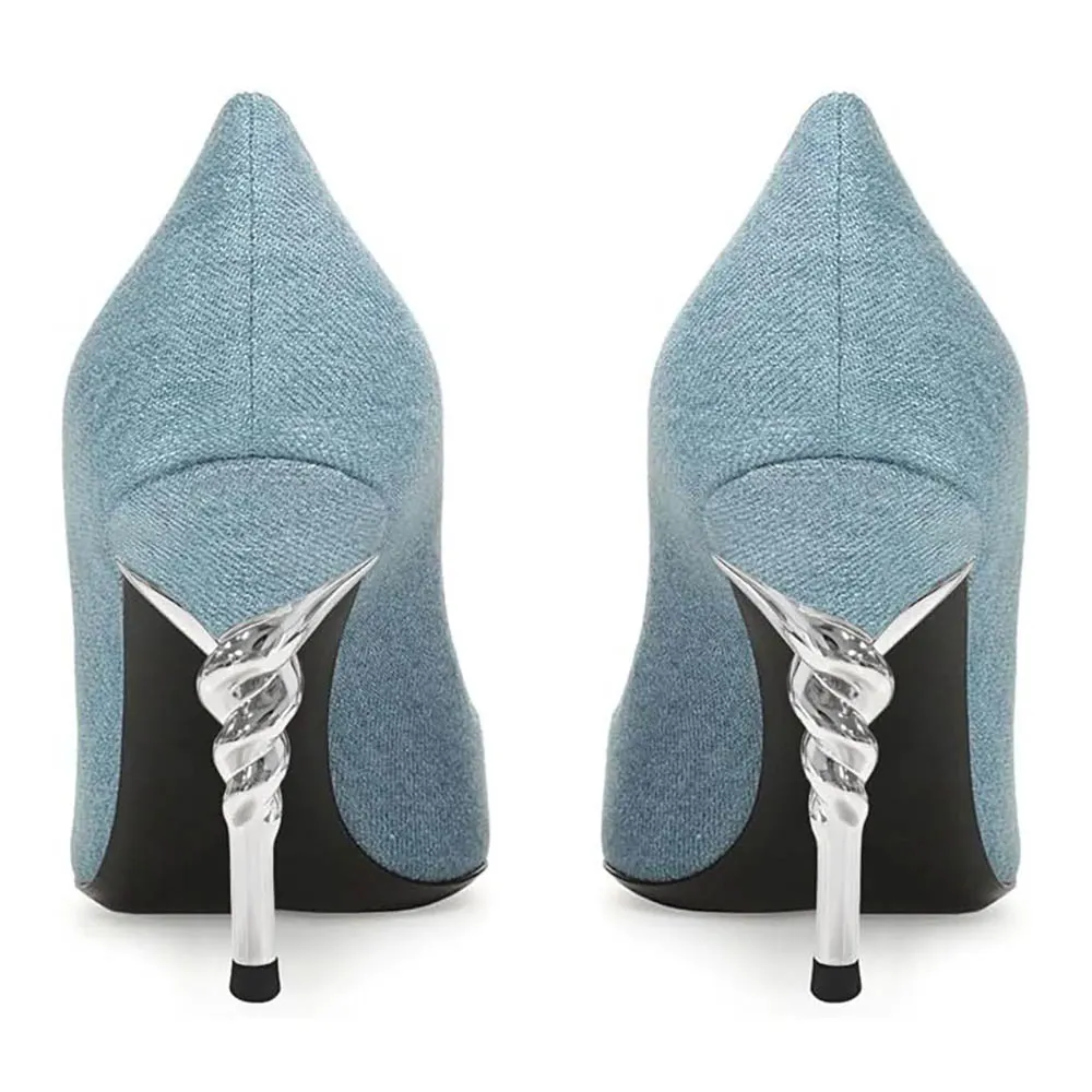 Classic Blue Denim Pointed Toe Pumps Shoes with Sculptural Heel