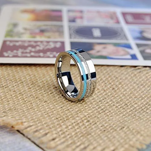 6MM 8MM Women's Or Men's Wedding Tungsten Carbide Wedding Matching Rings with Blue Turquoise and Inspired Meteorite Inlay Pipe Cut