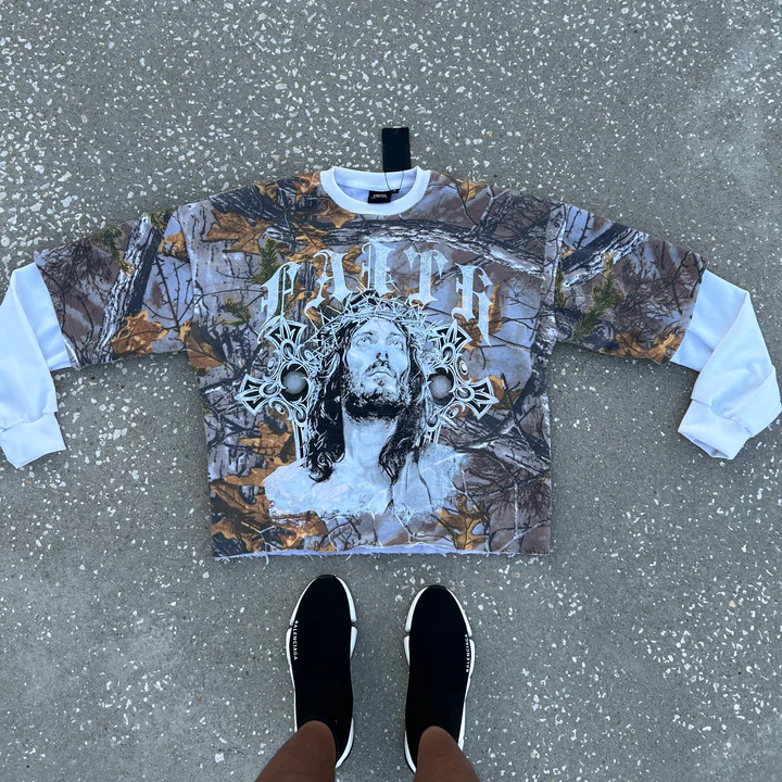 Vintage Camouflage Jesus Fake Two Piece Sweatshirt