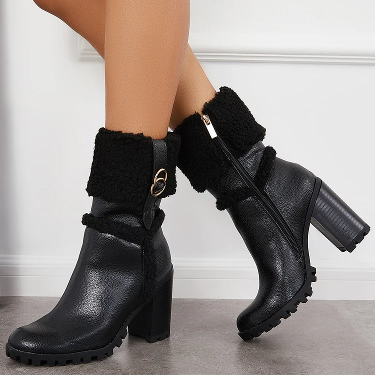 Fur Lined Ankle Snow Boots Side Zipper Chunky Heel Booties