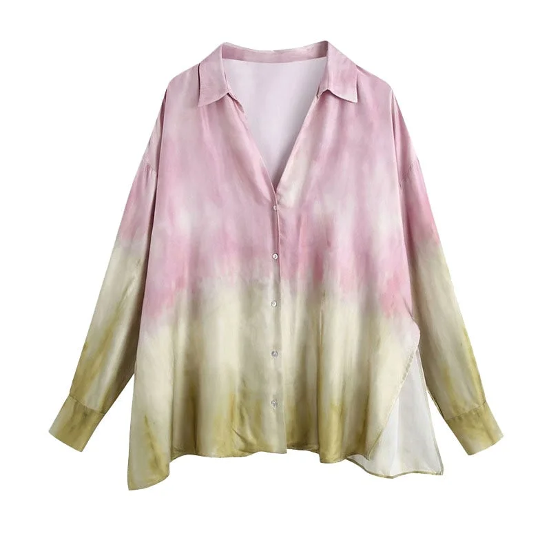 KPYTOMOA Women 2021 Fashion Oversized Tie-dye Print Blouses Vintage Long Sleeve Side Vents Female Shirts Blusas Chic Tops
