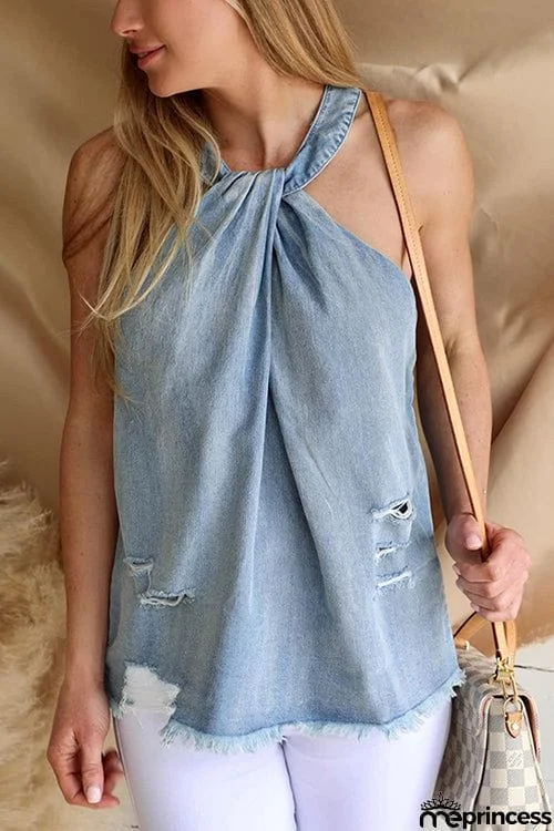 Ripped Raw Edge Halter Neck Top