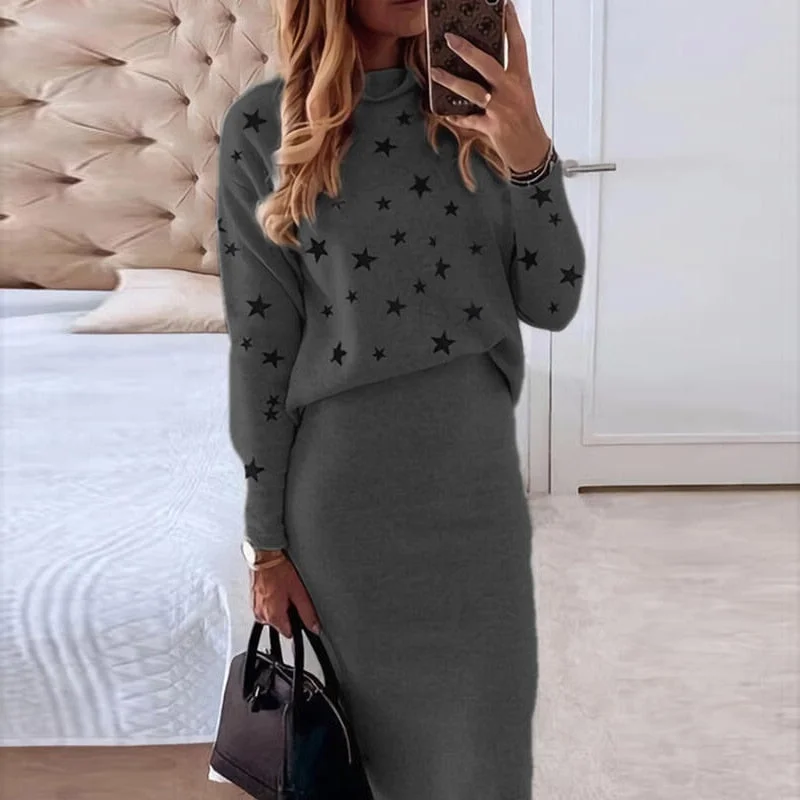 Women Skirt 2 Pieces Set Autumn Winter Casual Turtleneck Long Sleeve Loose Print Pullovers Slim Pencil Skirts Office Lady Suits