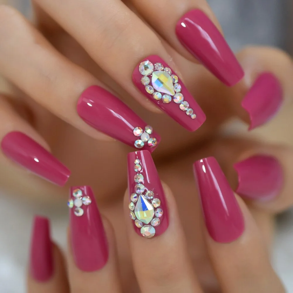 Press On Nail Red Extra Long Glitter Fake Diamond Rhinestone Pre Designs Coffin Ballerina Supplies For Professionals Wholesale-Nail Inspo