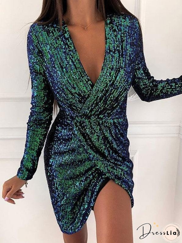 Women's Dresses Gilded Deep V-Neck Long Sleeve Irregular Mini Dress