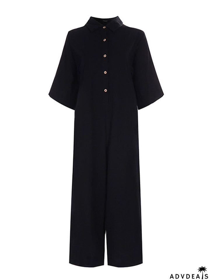 Straight Silhouette Spread Collar Soft Cotton Front Button Cropped Jumpsuit