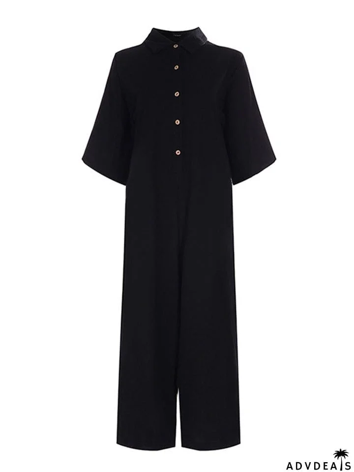 Straight Silhouette Spread Collar Soft Cotton Front Button Cropped Jumpsuit