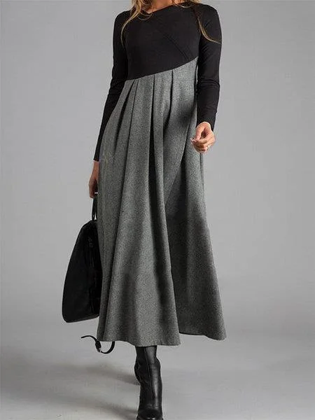 Wongn Wongn Autumn And Winter New Woolen Dress Contrast Color V-Neck Long Sleeve Splicing Large Hem Dress
