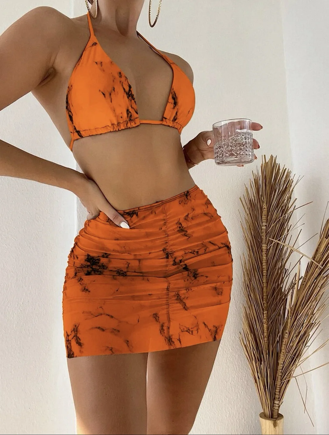 Brownm 2022 New Marble Printed Mesh Three-Piece Short Skirt Swimsuit Bikini