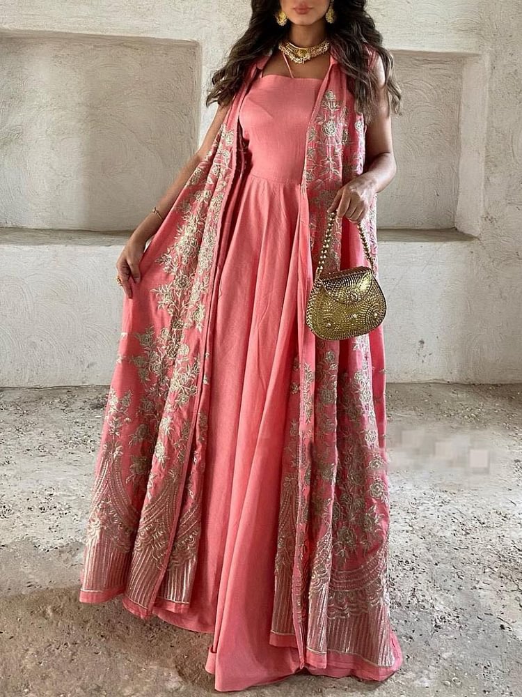 Pink Floral Motif Sleeveless Dress and Outerwear Suit