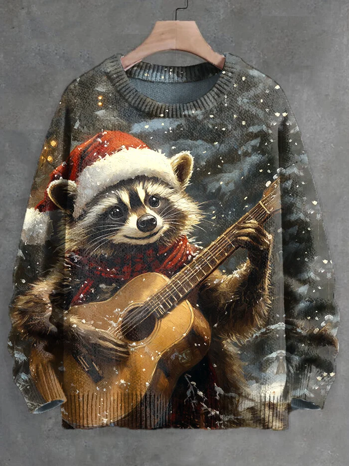 Men's Christmas Raccoon Guitar Oil Painting Knit Sweatshirt