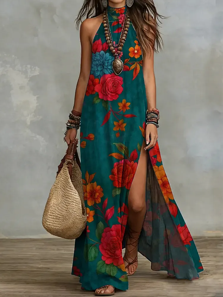 Women's Retro Floral Pattern Art Print Casual Stylish Cotton Dress