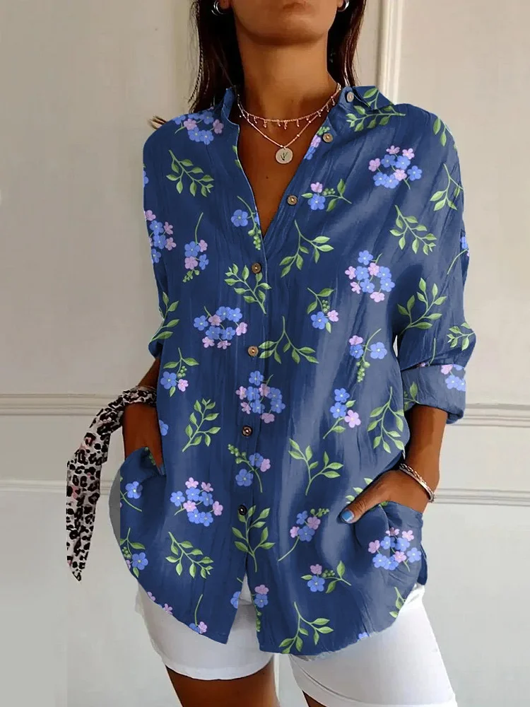 Small Colored Flowers And Leaves Print Casual Long-sleeved Shirt