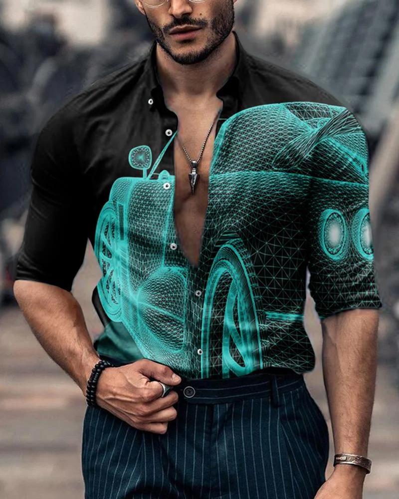 Men's Fashion Car Printing Long-Sleeved Shirt