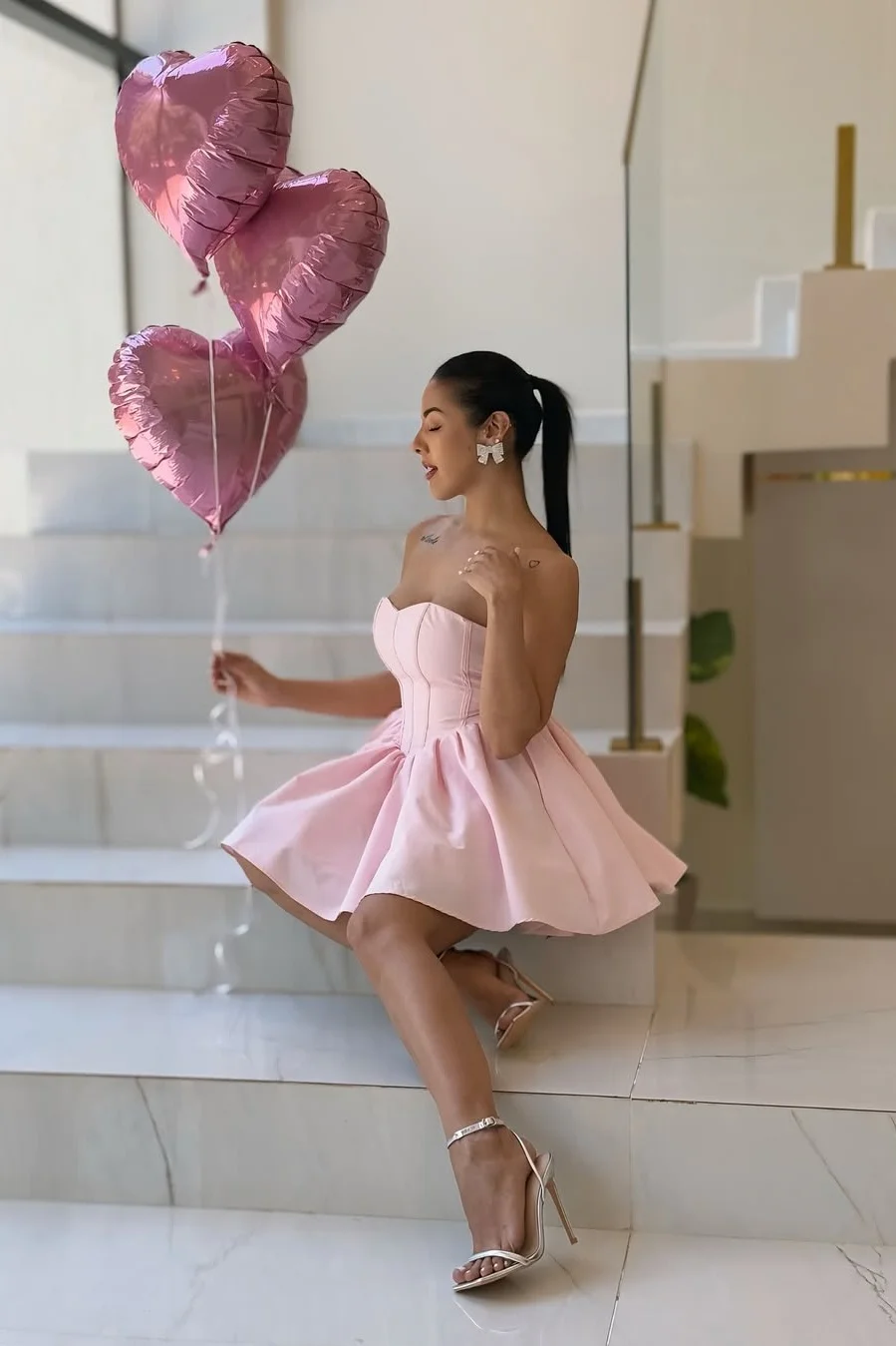 Daisda Pink Sleeveless Strapless Sweetheart Short Homecoming Dress 
