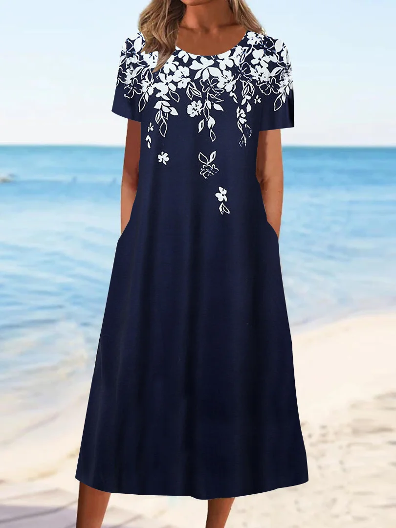 Women's Dark Blue Scoop Neck Short Sleeve Floral Printed Graphic Midi Dress